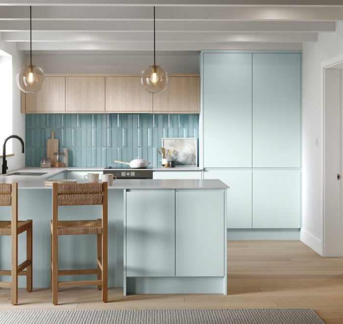 Knebworth door style in Scandinavian Blue and Light Vicenza Oak