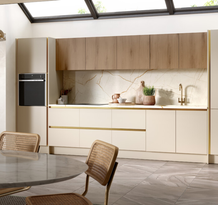 Venice Door Style in Macademia and Canella Oak with inrail
